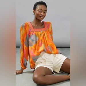 Anthropologie Bl^nk London Puff Sleeves Sweater Peasant Metallic Size Small